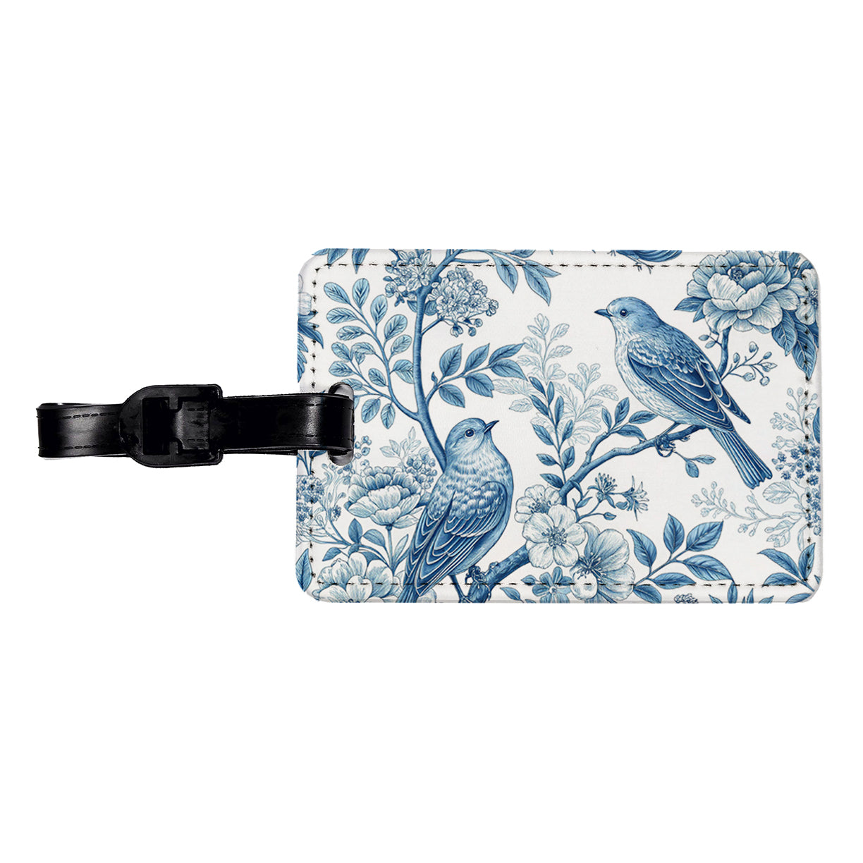Blue On White Toile With Birds Travel Faux Leather Luggage Tag