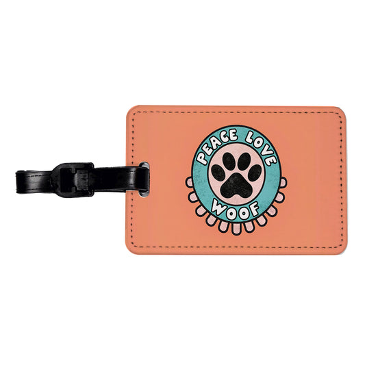 Peace Love Woof Dogs Paw Print Travel Faux Leather Luggage Tag