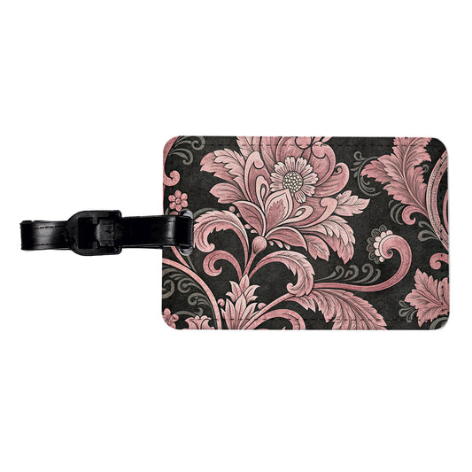 Pink Damask On Black Travel Faux Leather Luggage Tag
