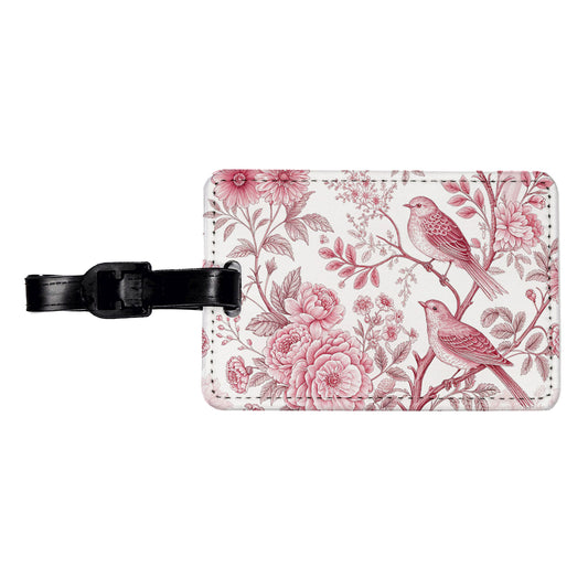 Pink On White Toile With Birds Travel Faux Leather Luggage Tag