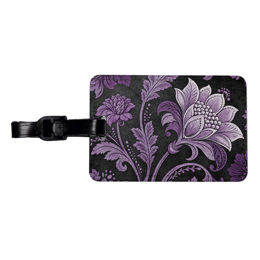Purple Damask On Black Travel Faux Leather Luggage Tag