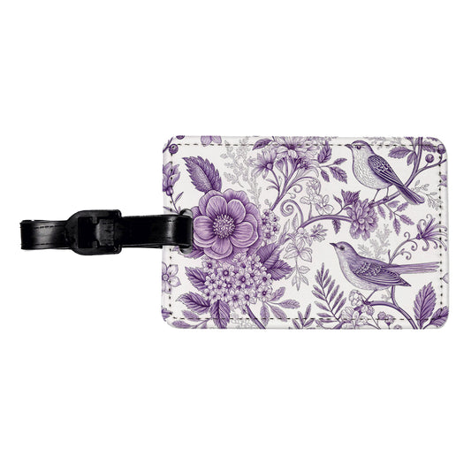 Purple On White Toile With Birds Travel Faux Leather Luggage Tag