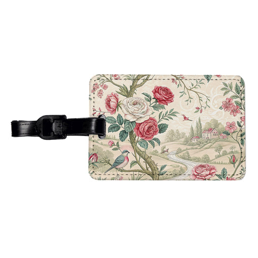 Toile Pattern Flowers Birds Travel Faux Leather Luggage Tag