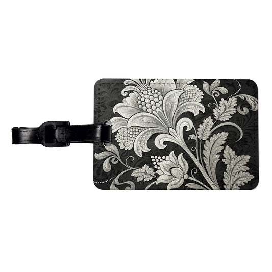 White Damask On Black Travel Faux Leather Luggage Tag
