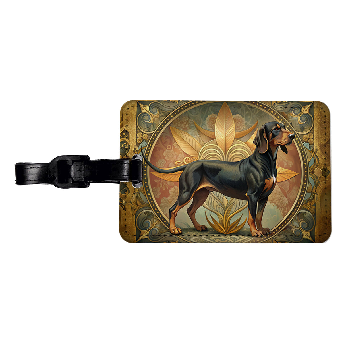 Black And Tan Coonhound Dog Art Nouveau Travel Faux Leather Luggage Tag