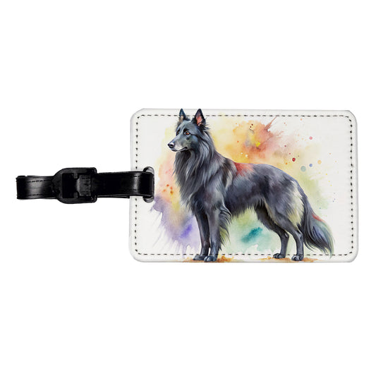 Groenendael Belgian Sheepdog Dog Watercolor Style Travel Faux Leather Luggage Tag