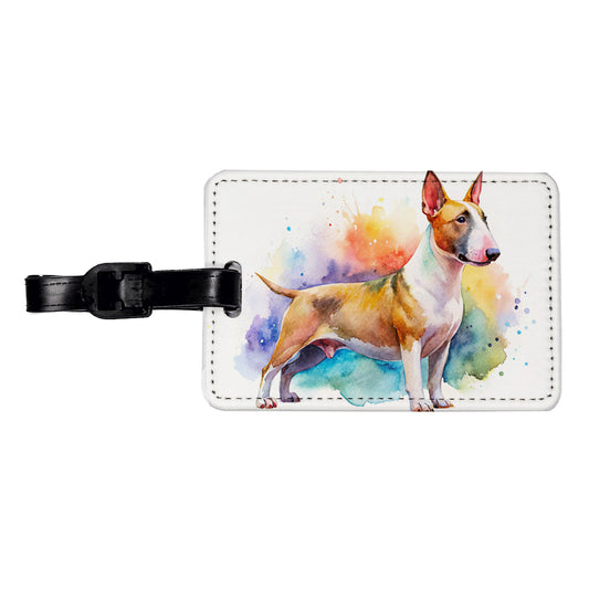 Miniature Bull Terrier Dog Watercolor Style Travel Faux Leather Luggage Tag