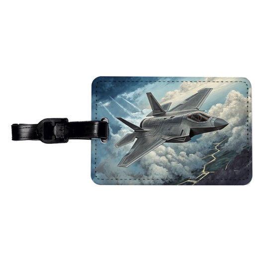 F-35 in Cloudy Sky US Air Force Navy Marines Plane Travel Faux Leather Luggage Tag