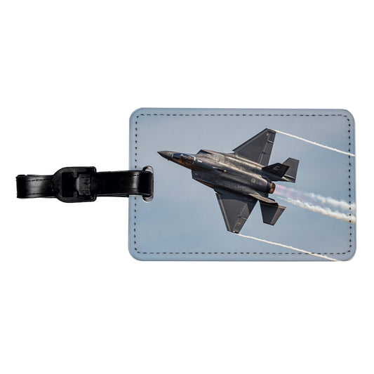 F-35 Plane Afterburners Streaking Through Sky Travel Faux Leather Luggage Tag