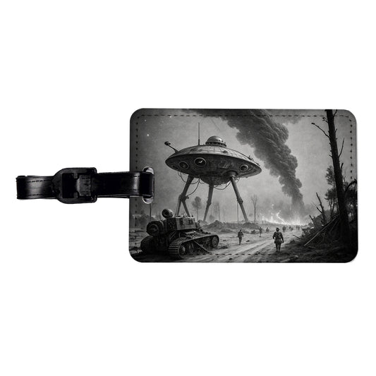 Martian Alien Invasion Tripod War Machine Retro Black and White Travel Faux Leather Luggage Tag