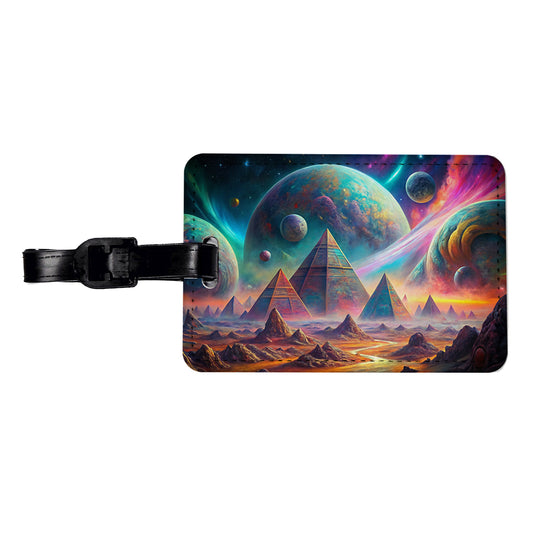Psychedelic Alien Planet With Pyramids Vibrant Colors Travel Faux Leather Luggage Tag