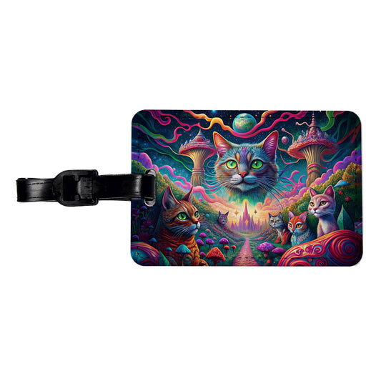 Psychedelic Cats Vibrant Colors Travel Faux Leather Luggage Tag