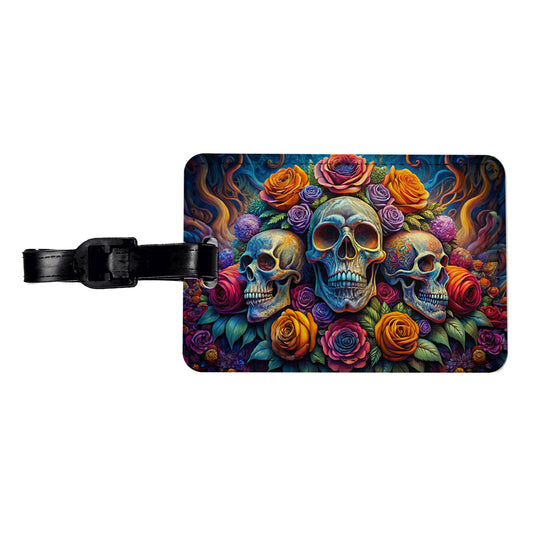 Psychedelic Colorful Skulls And Roses Travel Faux Leather Luggage Tag