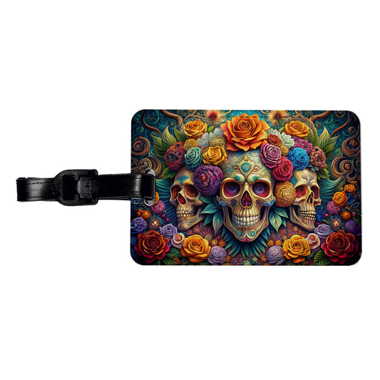 Psychedelic Colorful Skulls Flowers And Roses Travel Faux Leather Luggage Tag
