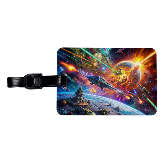 Psychedelic Colorful Space Sci-fi Starship Battle Travel Faux Leather Luggage Tag