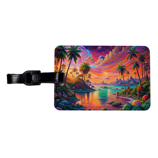 Psychedelic Colorful Tropical Beach Scene Travel Faux Leather Luggage Tag