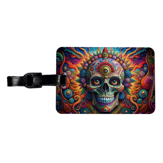 Psychedelic Day of the Dead Skull Vibrant Colors Travel Faux Leather Luggage Tag