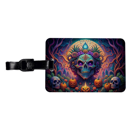 Psychedelic Halloween Skulls Pumpkins Vibrant Colors Travel Faux Leather Luggage Tag