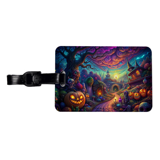 Psychedelic Halloween Town Scene Vibrant Colors Travel Faux Leather Luggage Tag