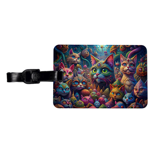 Psychedelic Lots of Cats Vibrant Colors Travel Faux Leather Luggage Tag