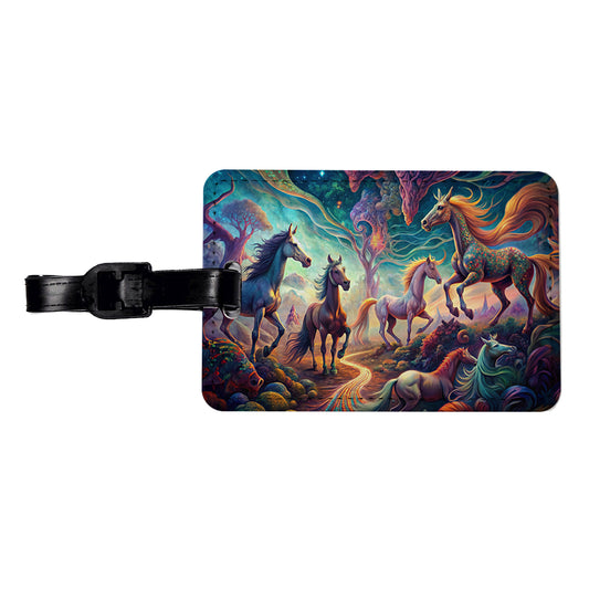 Psychedelic Lots of Horses Vibrant Colors Travel Faux Leather Luggage Tag