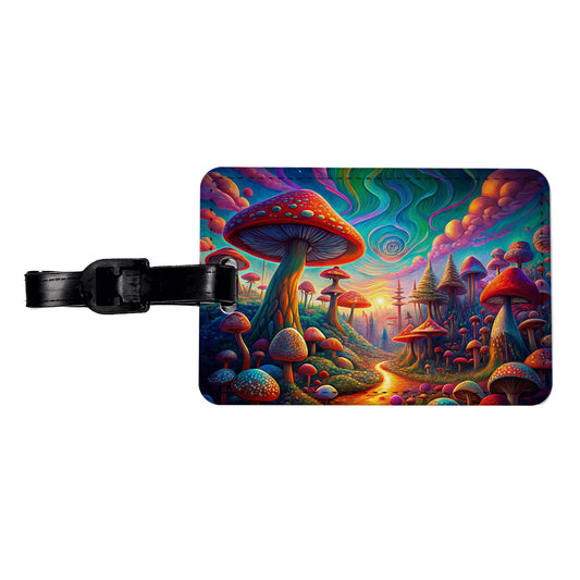 Psychedelic Lots of Mushrooms Vibrant Colors Travel Faux Leather Luggage Tag