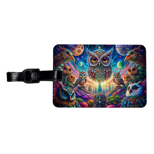 Psychedelic Lots of Owls Vibrant Colors Travel Faux Leather Luggage Tag