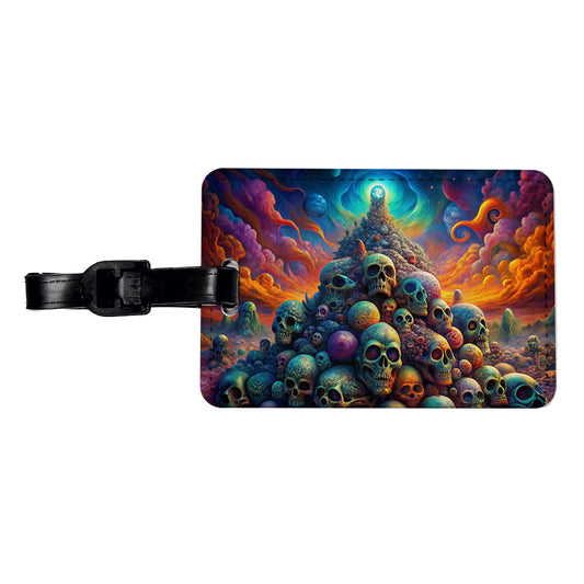 Psychedelic Pile Of Skulls Vibrant Colors Travel Faux Leather Luggage Tag