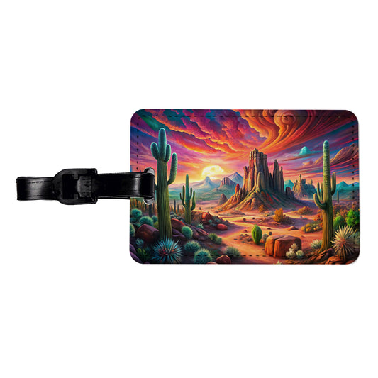 Psychedelic Southwest Desert Scene Travel Faux Leather Luggage Tag