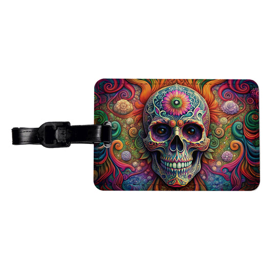 Psychedelic Sugar Skull Day of the Dead Travel Faux Leather Luggage Tag