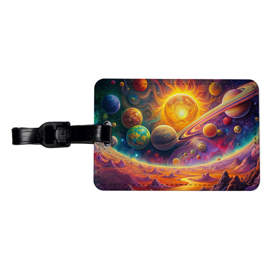 Psychedelic Sun And Planets Solar System Travel Faux Leather Luggage Tag