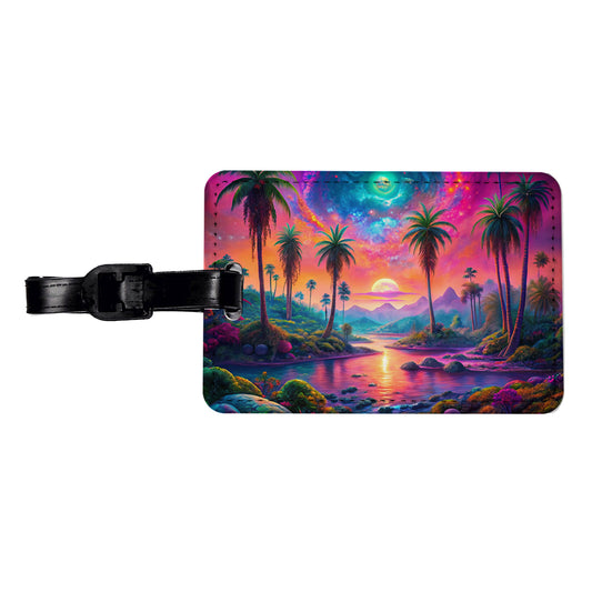 Psychedelic Tropical Palm Trees Colorful Scene Travel Faux Leather Luggage Tag