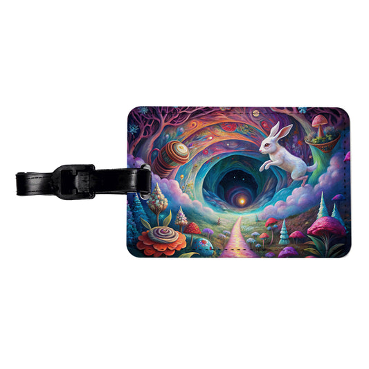 Psychedelic Wonderland White Rabbit Going Down The Hole Travel Faux Leather Luggage Tag