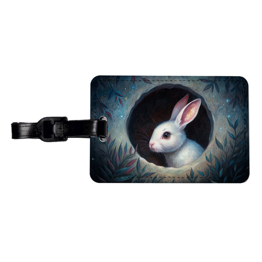 White Rabbit Bunny In A Dark Hole Travel Faux Leather Luggage Tag