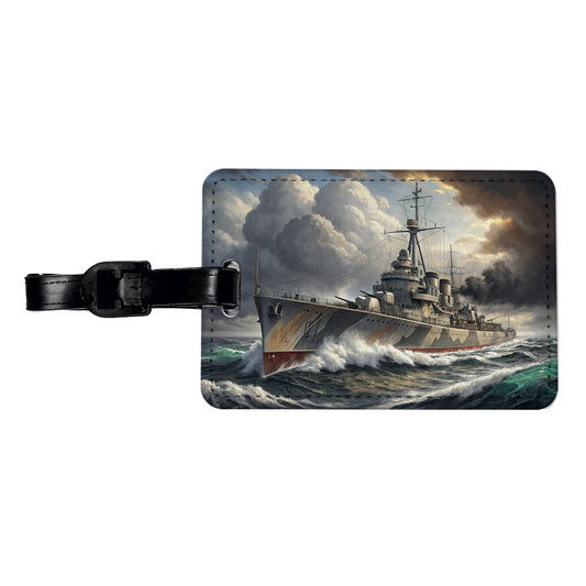 WWII Destroyer at Sea Travel Faux Leather Luggage Tag