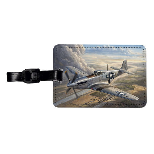 WWII Mustang Fighter Plane In Flight Travel Faux Leather Luggage Tag