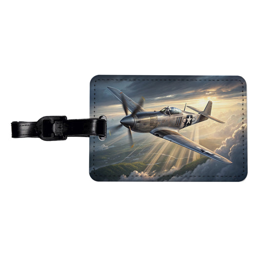 WWII Mustang US Air Force Fighter Plane In Flight Travel Faux Leather Luggage Tag