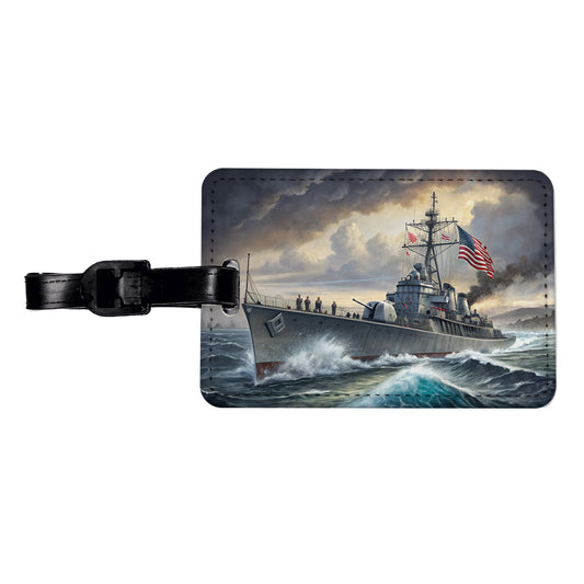 WWII US Navy Destroyer at Sea Travel Faux Leather Luggage Tag