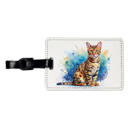 Bengal Cat Watercolor Style Travel Faux Leather Luggage Tag