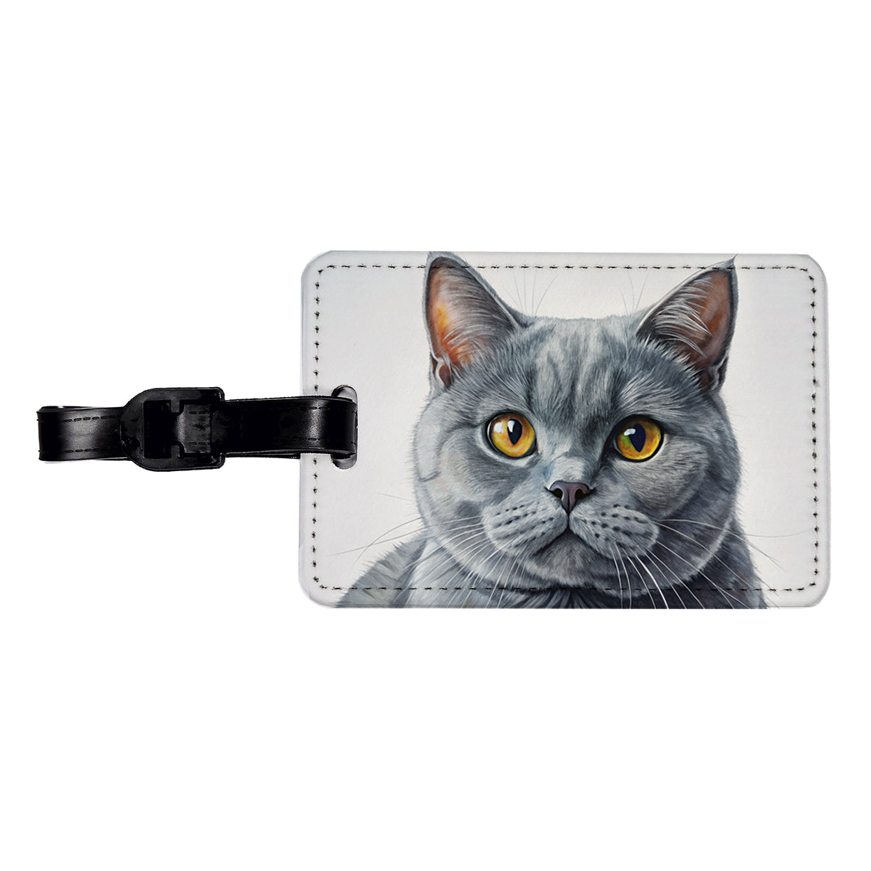 British Shorthair Gray Cat Illustration Travel Faux Leather Luggage Tag