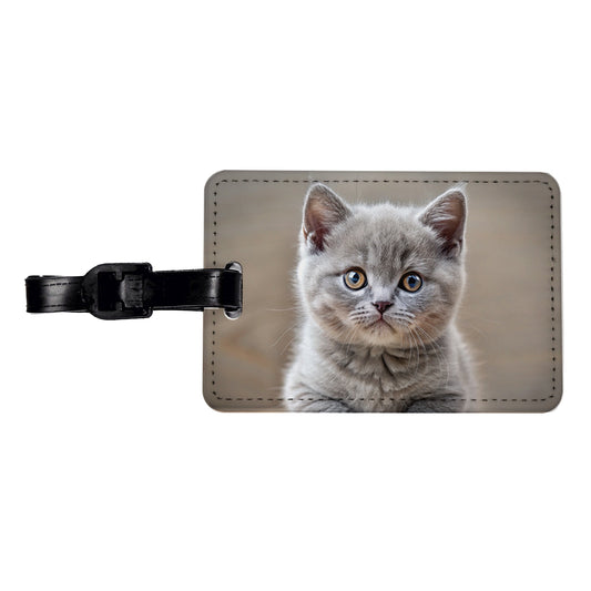 British Shorthair Gray Cat Kitten Photo Travel Faux Leather Luggage Tag