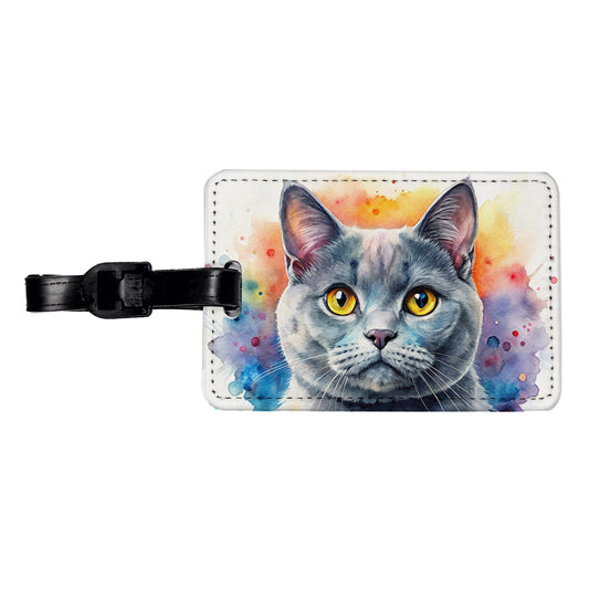 British Shorthair Gray Cat Watercolor Style Travel Faux Leather Luggage Tag