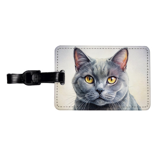 Chartreux Cat Illustration Travel Faux Leather Luggage Tag