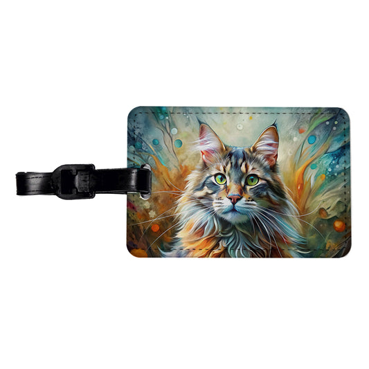 Maine Coon Cat Abstract Art Travel Faux Leather Luggage Tag