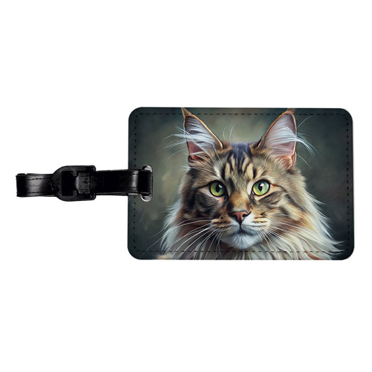 Maine Coon Cat Illustration Travel Faux Leather Luggage Tag