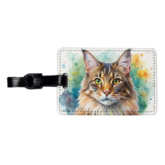 Maine Coon Cat Watercolor Style Travel Faux Leather Luggage Tag