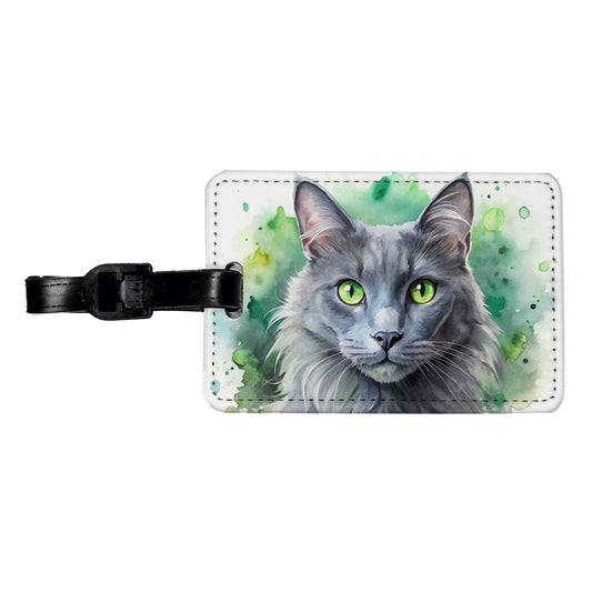 Nebelung Cat With Green Eyes Watercolor Style Travel Faux Leather Luggage Tag