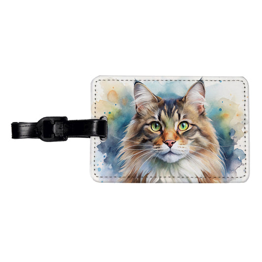 Norwegian Forest Cat Watercolor Style Travel Faux Leather Luggage Tag