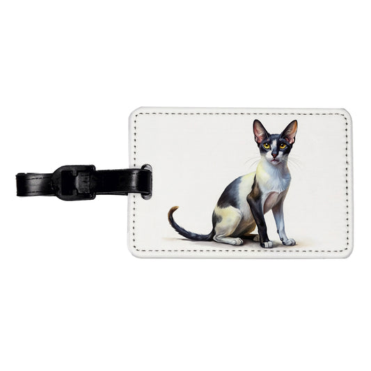 Oriental Shorthair Black White Cat Illustration Travel Faux Leather Luggage Tag