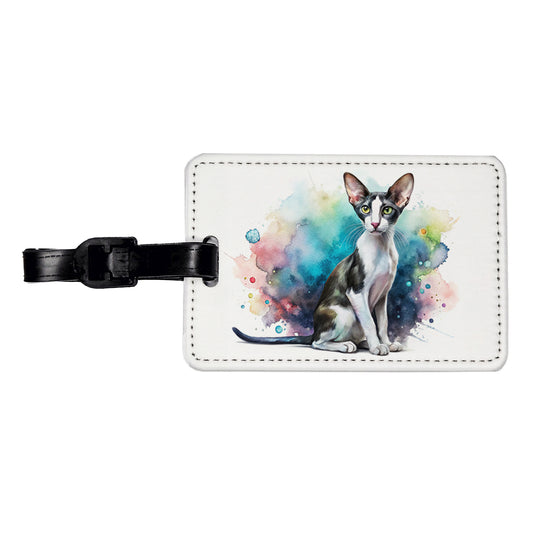 Oriental Shorthair Black White Cat Watercolor Travel Faux Leather Luggage Tag
